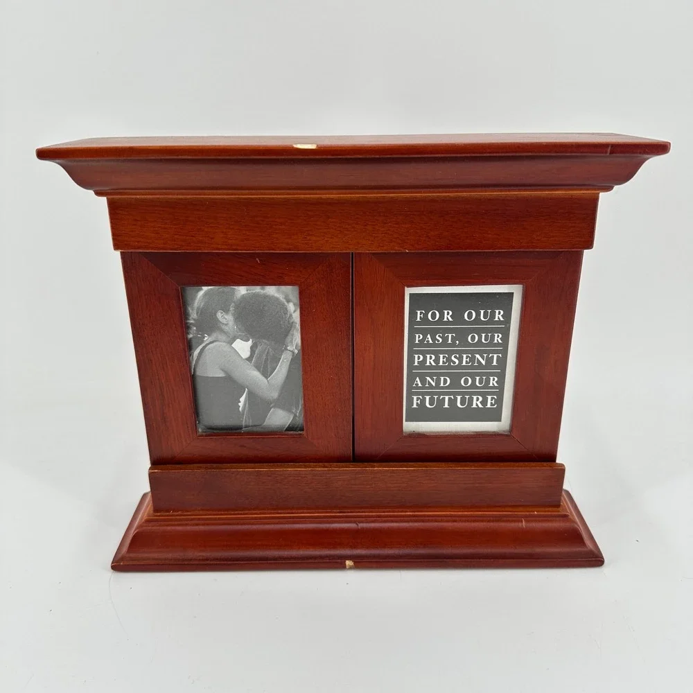 Wooden Mantel Triple Picture Frame Sliding Door Cherry Finish Tabletop Decor